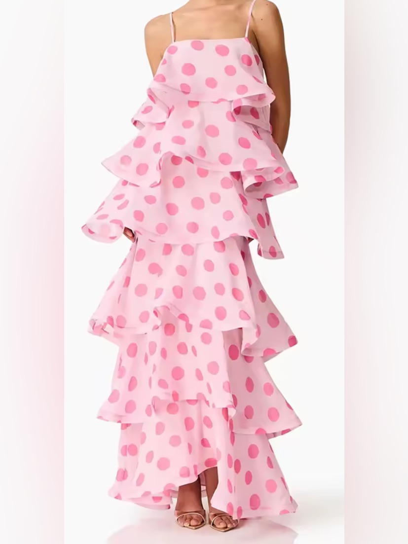 New $378 Frez Polka Dot Tiered Ruffle Maxi Dress